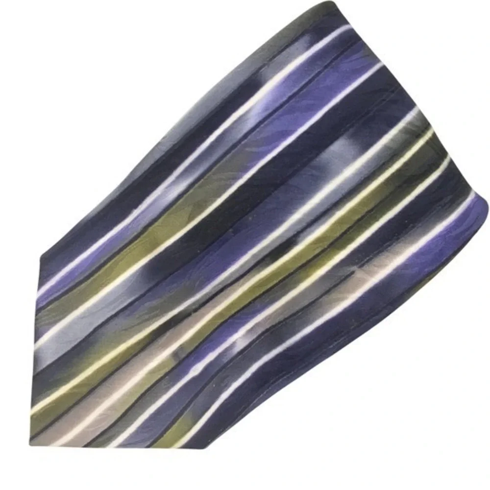 ROBERT DASKAL Mens 100% Silk Tie Blue Purple Green Striped Abstract Artsy 57.5x4